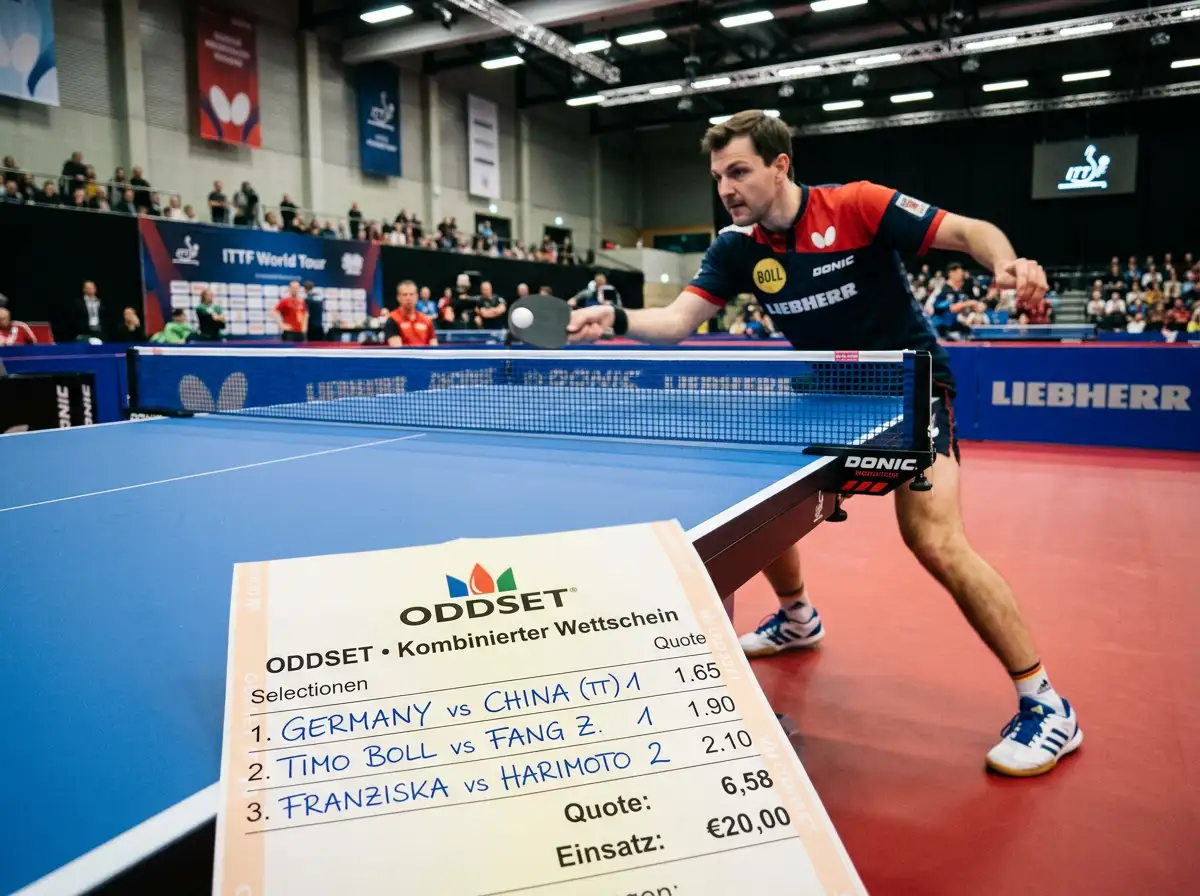 Tischtennis Kombiwetten Strategie-Anleitung 2026 – Spieler an der Tischtennisplatte mit Wettschein im Vordergrund