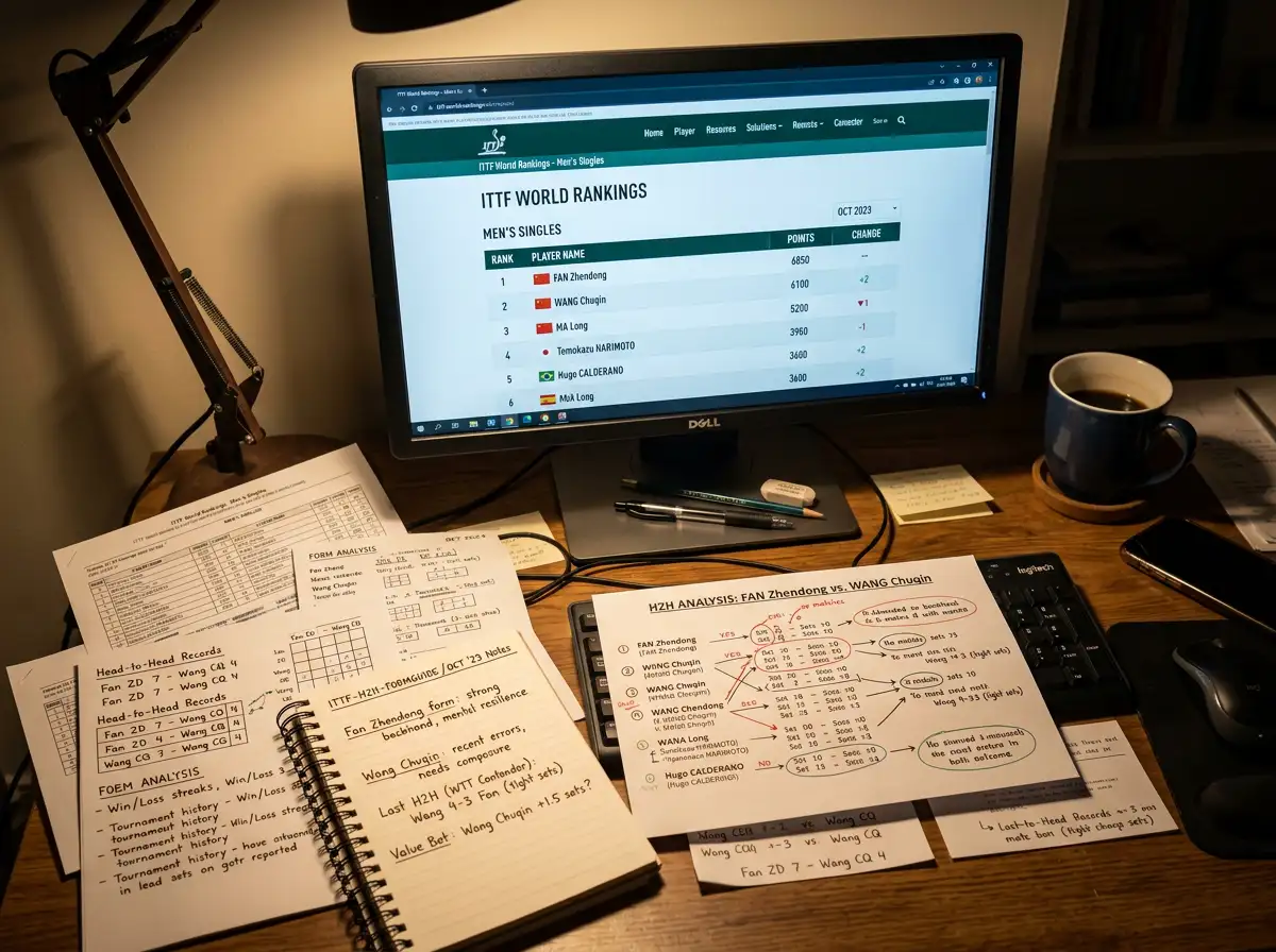 ITTF-Weltrangliste und H2H-Statistiken für Tischtennis Kombiwetten – Analyseschritte am Bildschirm mit Ergebnisdatenbank