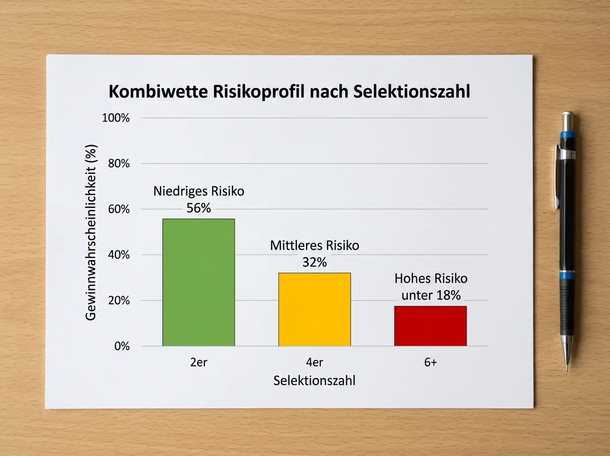Kombiwette Selektionszahl und Risiko im Tischtennis – Balkendiagramm zeigt sinkende Gewinnwahrscheinlichkeit mit steigender Leganzahl