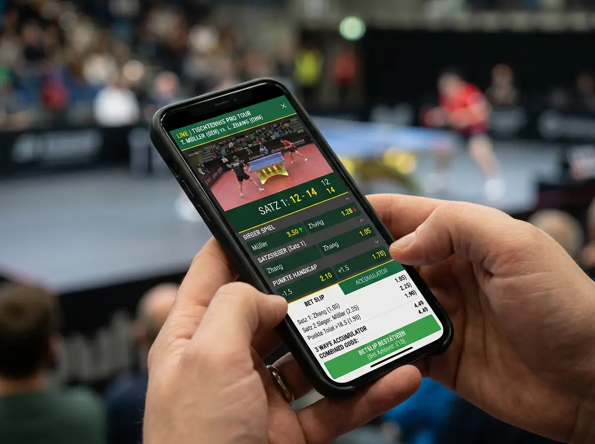 Tischtennis Live-Kombiwetten in Echtzeit – Spielstand und Live-Quoten auf einem Smartphone-Display waehrend eines Tischtennis-Matches