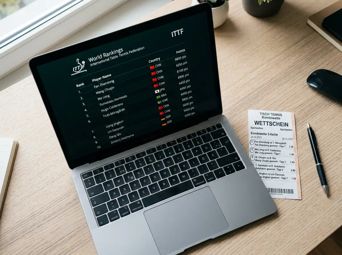 Tischtennis Kombiwetten Analyse – Wettschein mit mehreren Tischtennis-Auswahlen neben einem Laptop mit ITTF-Rangliste